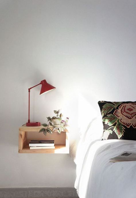 a small box shelf nightstand mounted to the wall is a perfect idea for any bedroom, it can fit a modern or farmhouse space