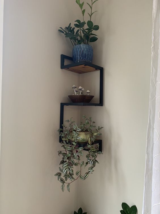 a small shelving unit of blackened metal and wood is a cool way to decorate a space, you may place some potted plants
