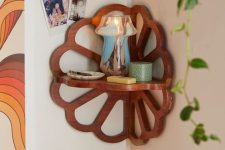 a stained wood flower-shaped corner shelf will add coziness and interest to a boho space, add any decor you like