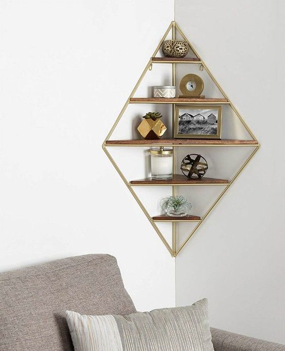 a stylish and chic diamond-shaped shelving unit for the corner is a cool idea to display your stuff and add glam