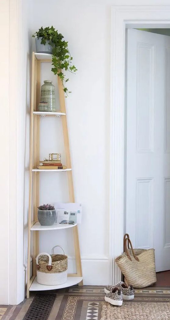 a stylish corner shelf with rounded shelves is great for the hallway, keeping all those essentials ready anytime you need them