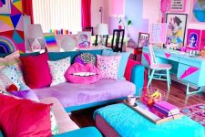 a super bright dopamine decor living room with pink walls, a lilac and turquoise sofa and pouf, a bold rug, a bold decor and chandelier