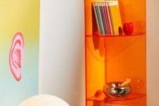a super bright orange clear acrylic shelving unit will be a bold statement in the interior, it looks very bold