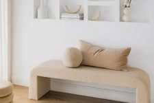 a tan boucle bench will be a perfect solution for an entryway or a living room