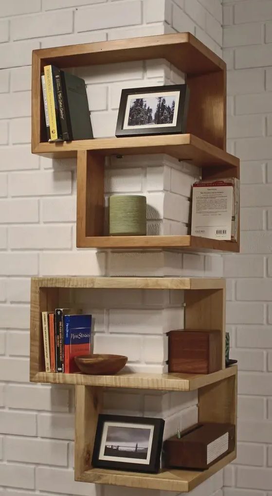 comfy wooden corner shelves that cover the outer corner help you to use every inch of space