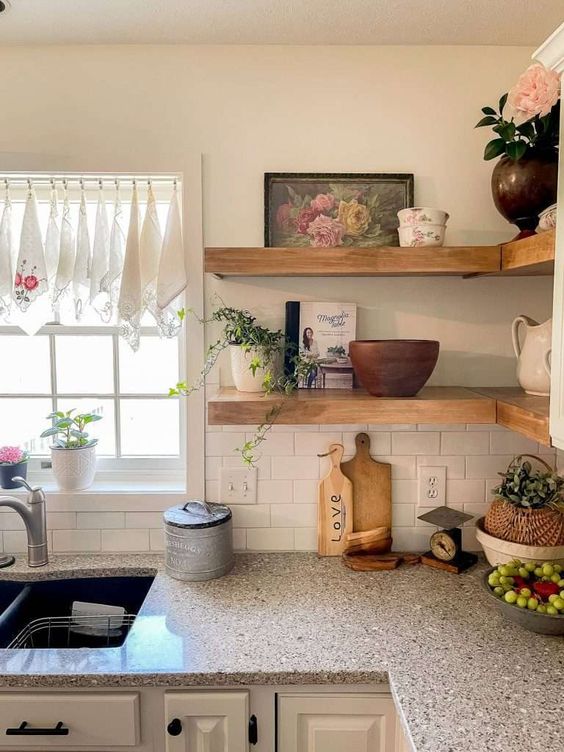 floating corner kitchen shelves are perfect for a rustic or farmhouse space, you may display the most beautiful tableware