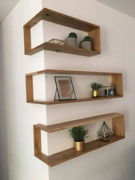 outer corner box-style shelves look very eye-catchy and allow storage without wasting floor space