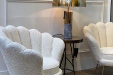 refined and whimsical white boucle scallop chairs will be a fantastic accent for any space