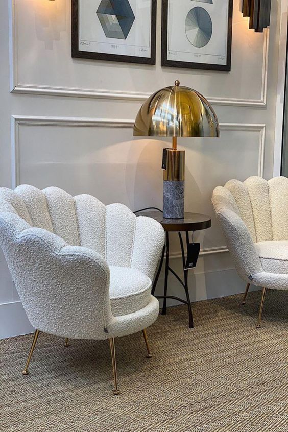 refined and whimsical white boucle scallop chairs will be a fantastic accent for any space