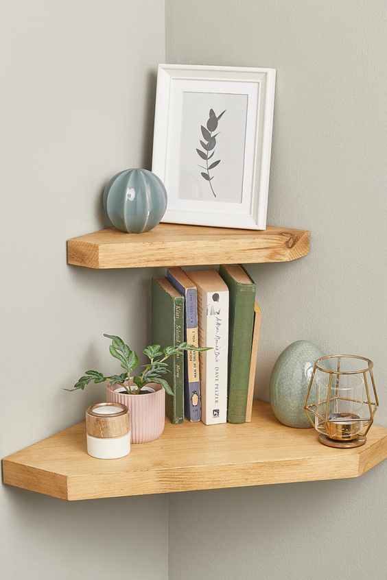 rustic wooden corner shelves of different sizes are most to stylishly display your things, not just store