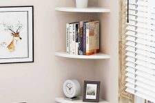 small rounded corner shelves can accommodate some things and decor making maximum of your space