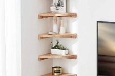 small stained rounded shelves with vases, greenery and other decor are great to add to any small nook