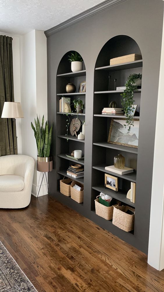 soot arched bookcases of IKEA Billy ones are a very stylish and cool idea fro a modern home, they display objects at their best