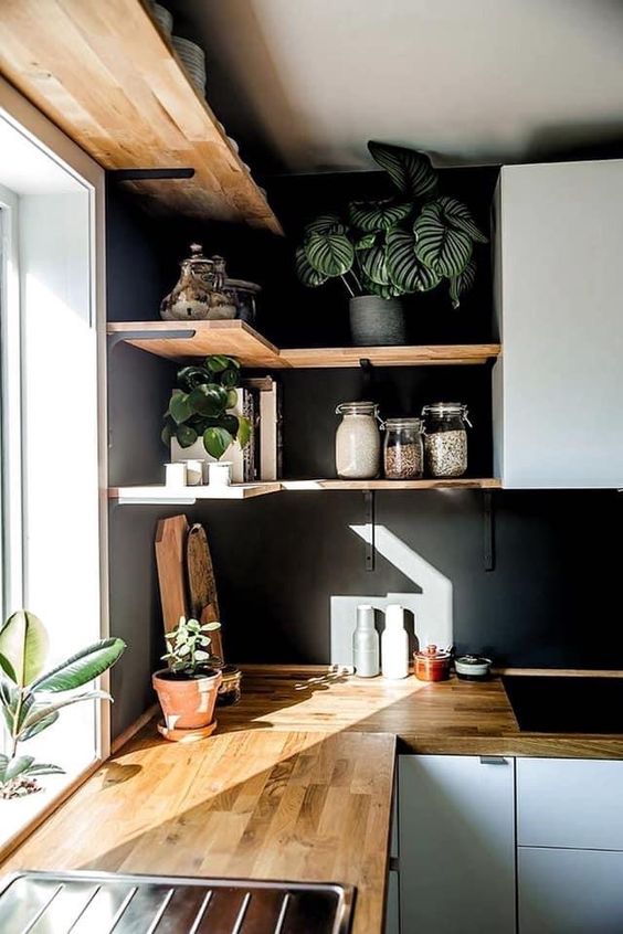 stained corner wall-mounted shelves with potted plants, jars with various stuff and teaware are a cool idea