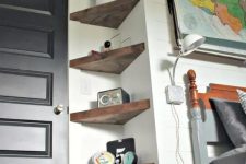 thick rustic triangle corner shelves will give a slight rustic feel and a touch of color to the space