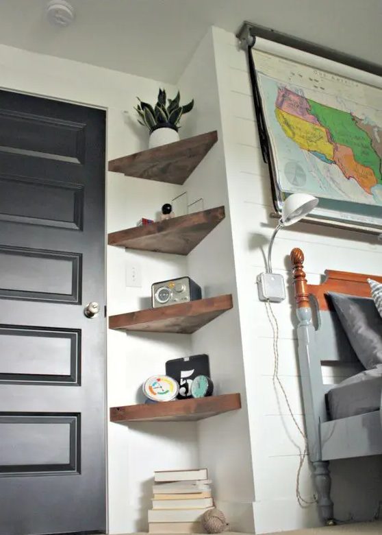 thick rustic triangle corner shelves will give a slight rustic feel and a touch of color to the space