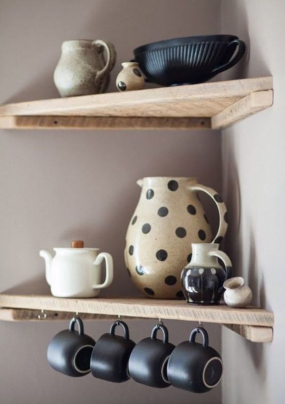 triangle corner shelves with mugs and mugs hanging will help you create a small tea and coffee station if you have no space