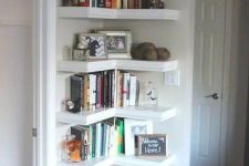 use a corner in your entryway to mount some open shelves and make use of this tiny space, too