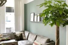 a Nordic living room with a green accent wall, a low grey sofa, a couple of coffee tables, a ledge gallery wall and a potted tree
