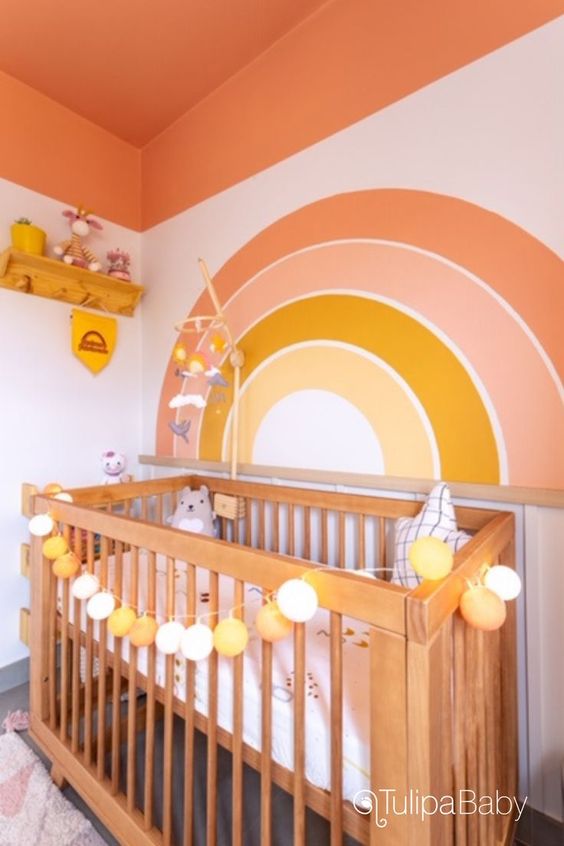 a colorful nursery with an orange ceiling, a crib, a bold accent wall, a shelf and some toys and decor