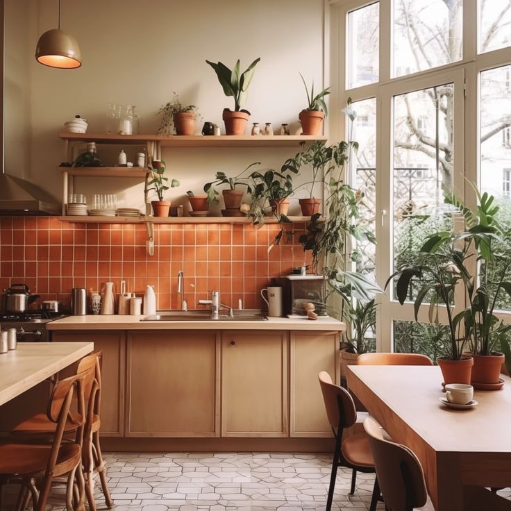 a cozy modern earthy kitchen with stained cabients, a glazed terracotta tile backsplash, stained furniture and lots of potted greenery