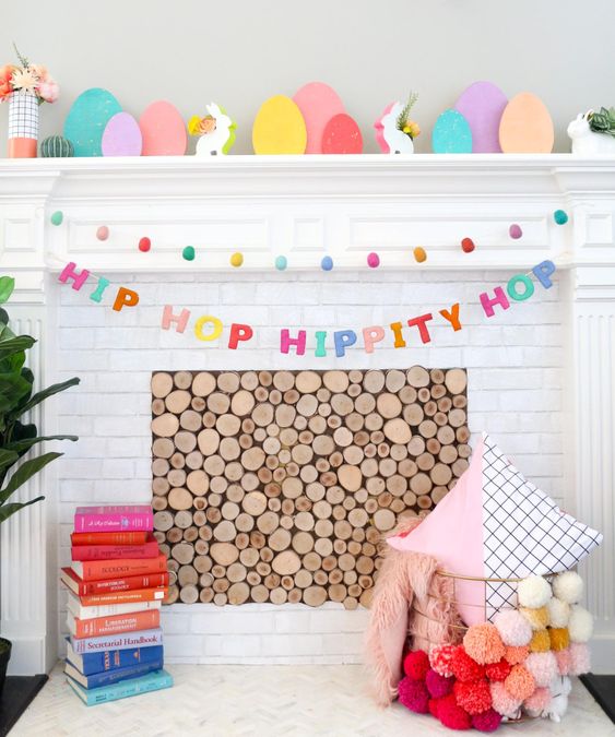 a fun duo of garlands, of colorful letters and bright eggs is a cool and lovely idea for spring