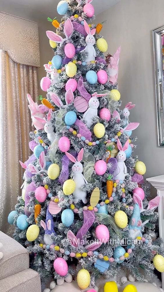 a fun pastel Easter tree with eggs, bunnies, carrots and beads is a super cool and fun idea of a spring decoration