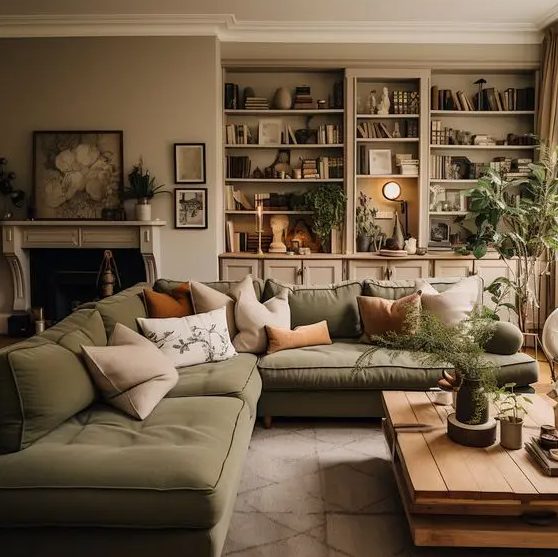 a natural palette living room with greige walls, a green sectional, earthy pillows, lots of greenery is welcoming