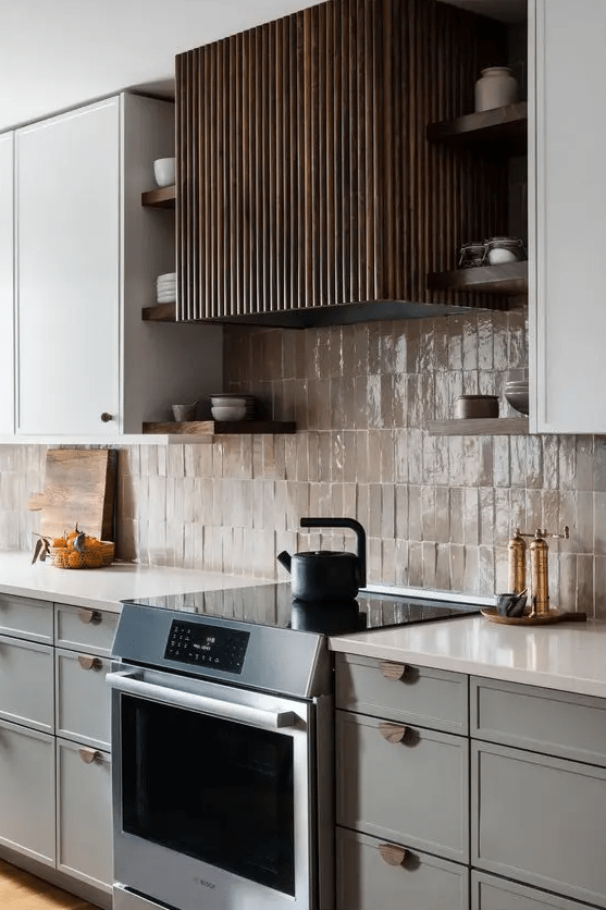 a stylish kitchen with a Zellige tile backsplash
