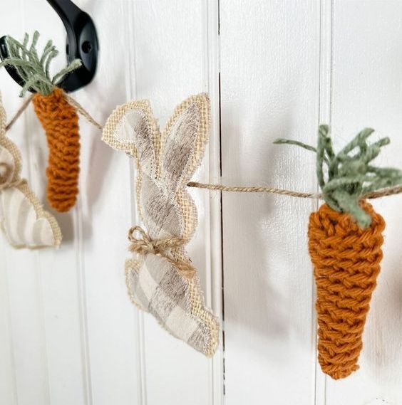 a rustic garland of crochet carrots and checked bunnies is a lovely idea that you can easily DIY