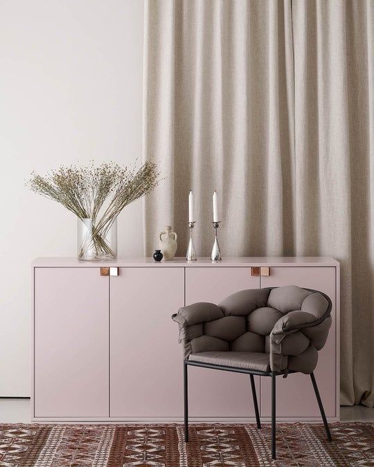 a stylish light pink IKEA Metod credenza with rose gold handles is a lovely solution for a modern space