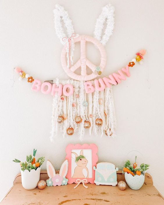 a super fun and cool pink letter garland with flowers and funge with disco balls is amazing for Easter