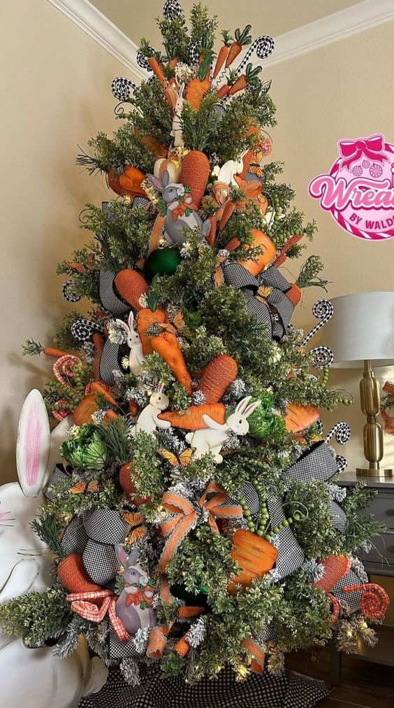an Easter tree with carrots, bunnies and bows is a cool idea for a rustic space, and you can make it easily