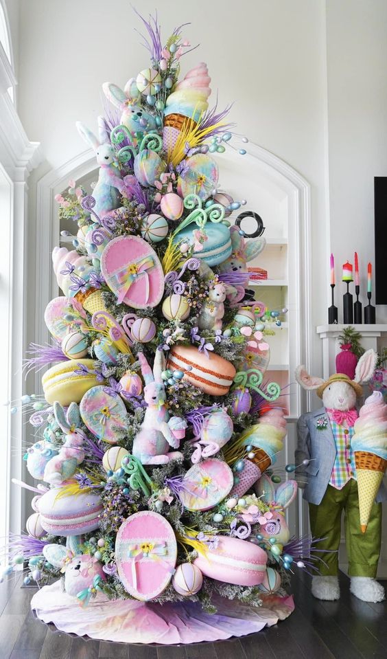 an Easter tree with pastel macarons, bunnies, branches, beads and faux ice cream cones is a fantastic idea for spring