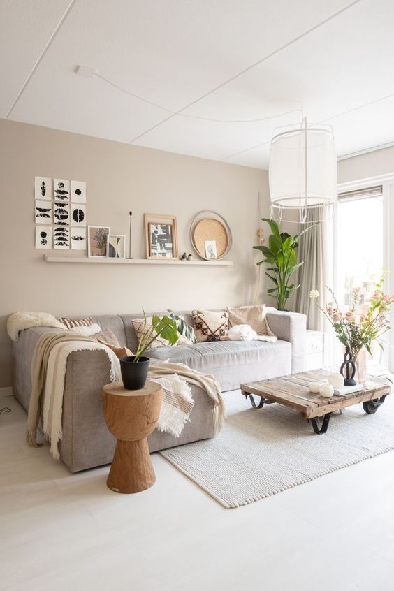 an airy lviing room with a tan accent wall, a low grey sofa with pillows, a ledge gallery wall, potted plants and a pallet coffee table