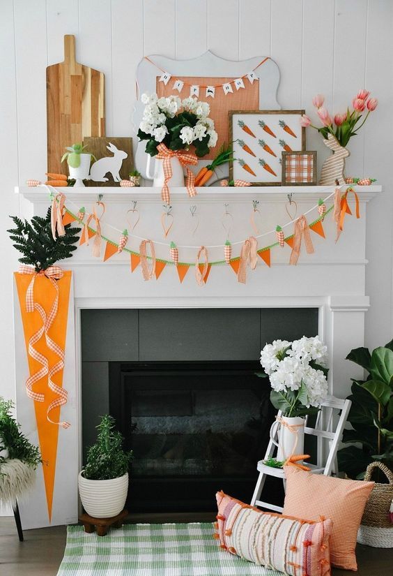 an arrangement of spring banners, two carrot ones and a triangle one for bright spring or Easter decor