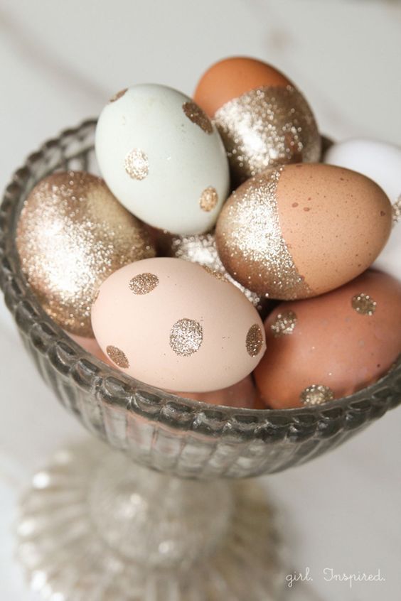 glam pastel and natural-colored Easter eggs with gold glitter touches are adorable for an Easter party