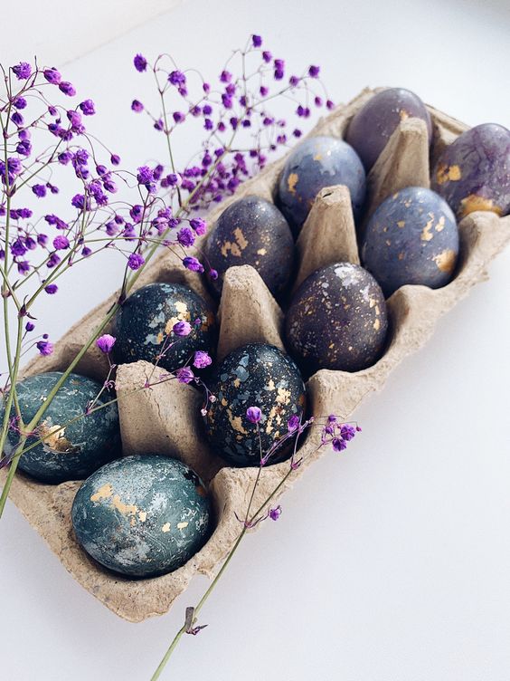lovely green, navy, purple and lilac watercolor Easter eggs and gold foil are amazing for a modern glam Easter party