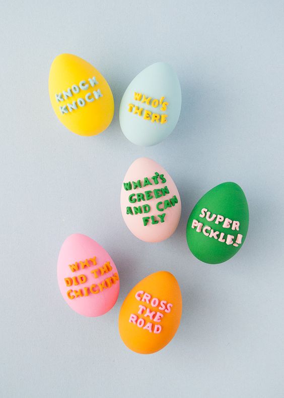 matte colorful Easter eggs with colorful 3D letters that form jokes are a super fun and cool solution for Easter and spring