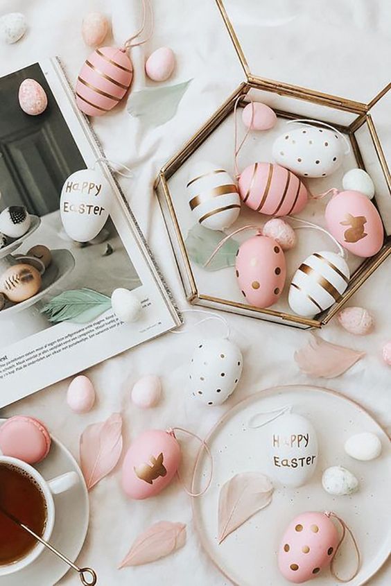 pink and white Easter eggs with polka dots and bunnies are amazing for a glam modern Easter party
