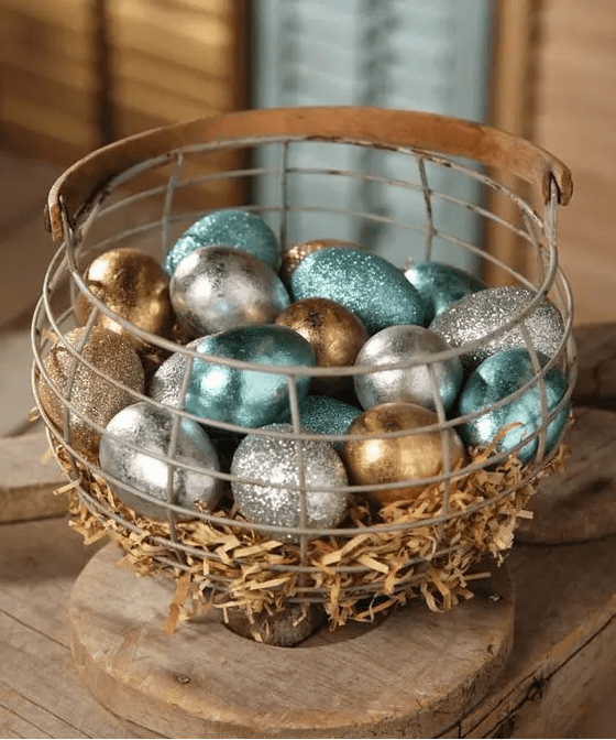 super cool and shiny aqua, silver and gold metallic and glitter eggs are a cool idea for Easter, they are playfun and shiny