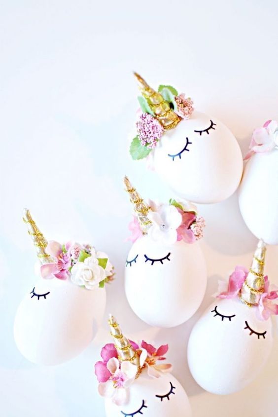 unicorn Easter eggs with horns and flower crowns are amazing for a touch of fun at the table