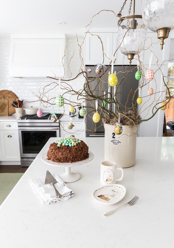 wavy branches with pastel checked and polka dot eggs are an amazing Easter centerpiece to make