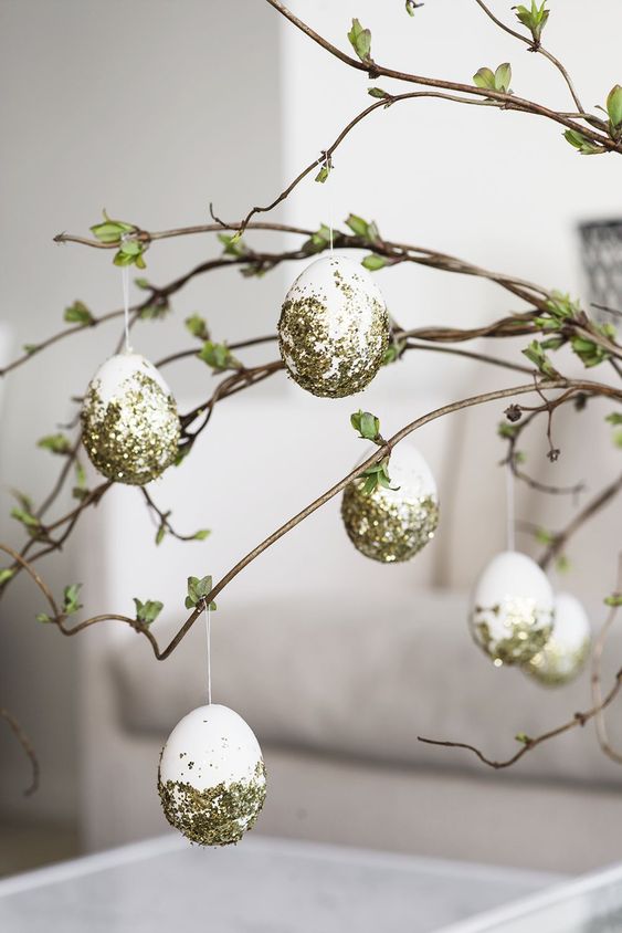 white and gold glitter Easter eggs are great for a party, and you can create various decor using them