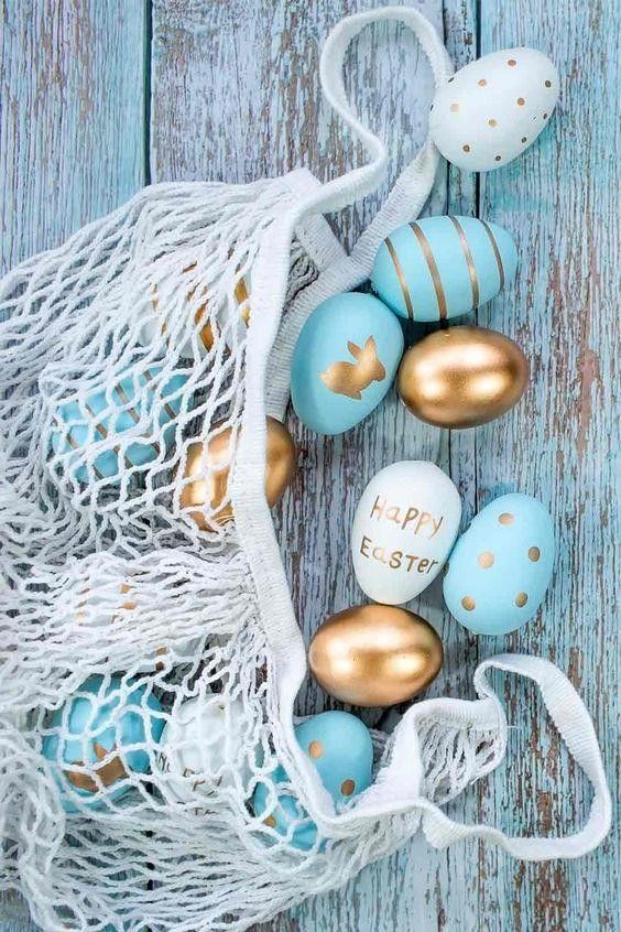 white, gold and turquoise Easter eggs with polka dots, stripes and letters are amazing for parties