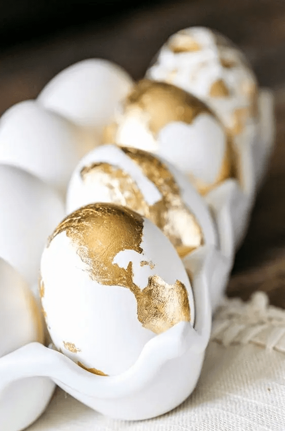 white gold foil Easter eggs are chic, refined and glam and will match most of modern Easter tablescapes