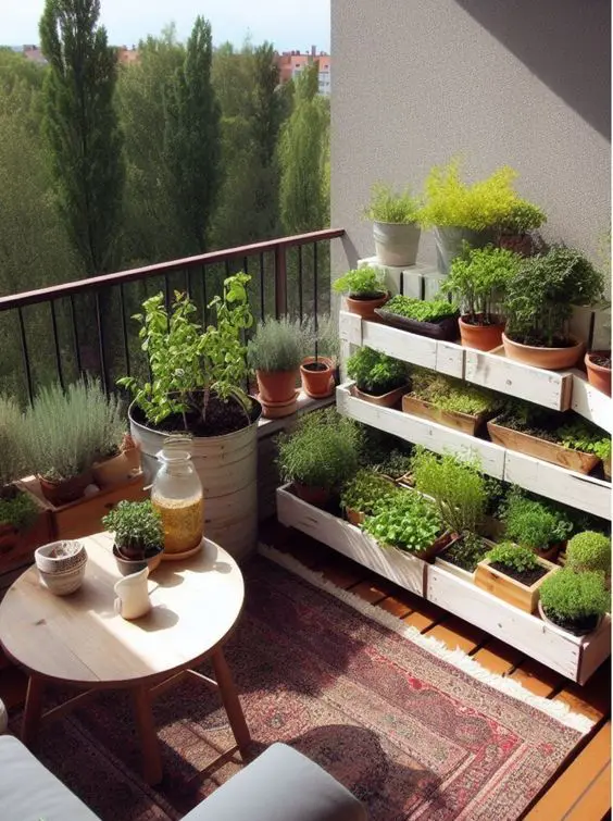 a balcony herb garden with a tiered stand with plants and herbs and greenery is a cool space for some gardening