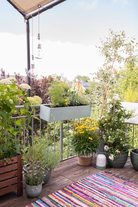 a balcony with potted plants and herbs on the floor and railing is a lovely and bright space, and you can do gardening here
