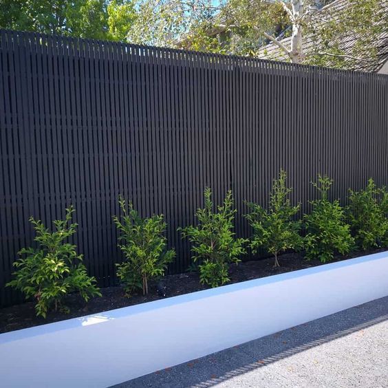 a black fence with a garden bed and some greenery are a stylish modern combo for a garden or a backyard