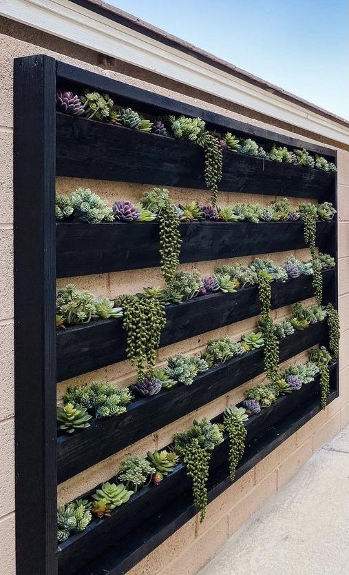 a black vertical planter with succulents and greenery is a cool decoration for outdoors, great for any garden, to add style to it
